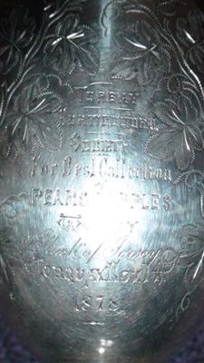 Cup inscription
TORBAY  
HORTICULTURAL
SOCIETY
For Best Collection
of
PEARS & APPLES
Won By
J.Pluck of Jersey
TORQUAY NOV.14 1878
