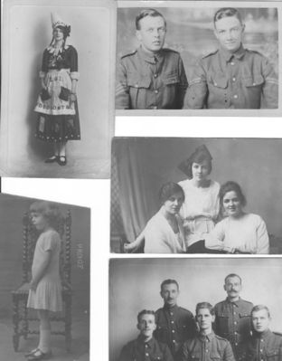 Montage1
GrandMother Marjorie Leticia Pluck nee Hughes, Great Uncle Douglas, Grandpa Frank ?
Great Aunts - Jesse? - Maude - Ethel?
Great Uncle Douglas - Far Right.
Mom 
