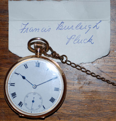 Great Grandpas watch and a note from my Mother
The note is from my mother when she gave me the watch, it is written on the cover of a Player's cigerette package dated 1986.
Of note she wrote "Burleigh" and not "Burfey" 
